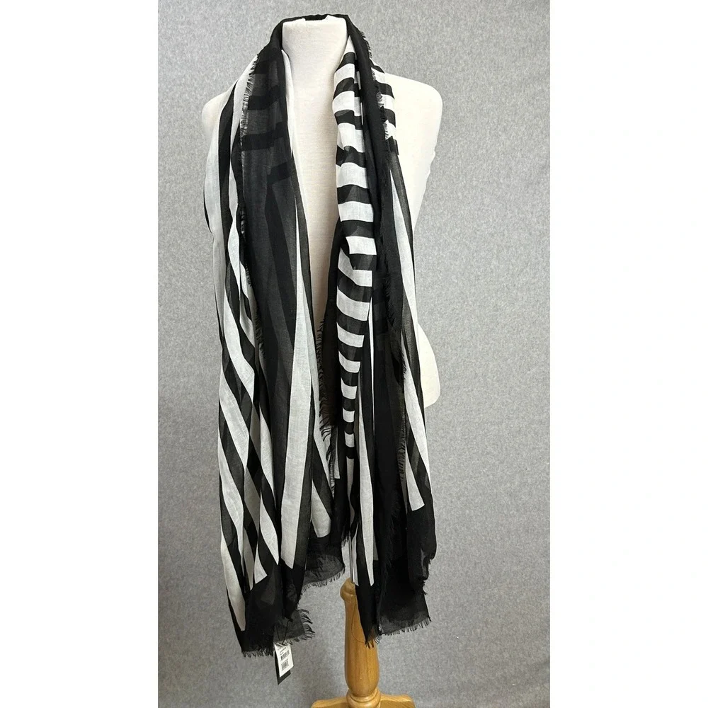 Vince Camuto Scarf Black White Geometric Striped Fringe Wrap 78